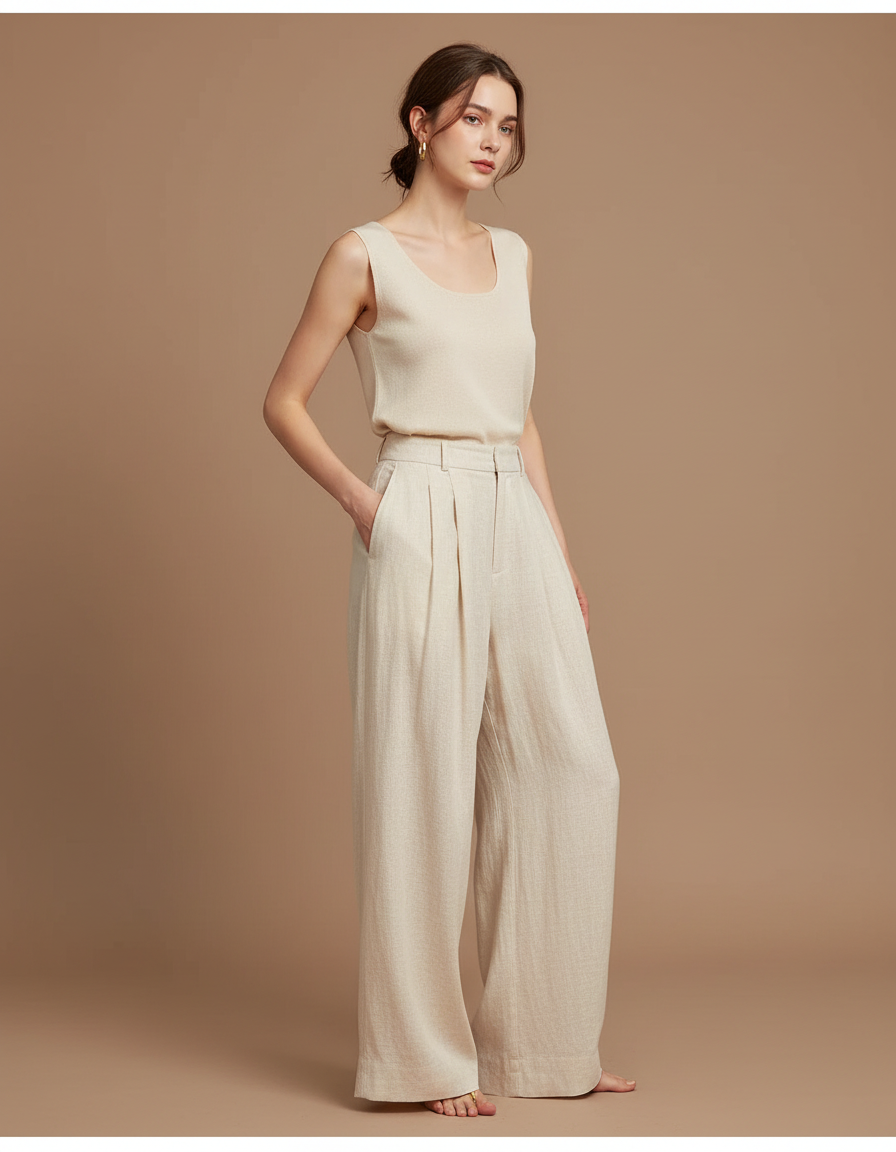 Pantalon À Pince Beige Lin Ample Plissé Décontracté Femme
