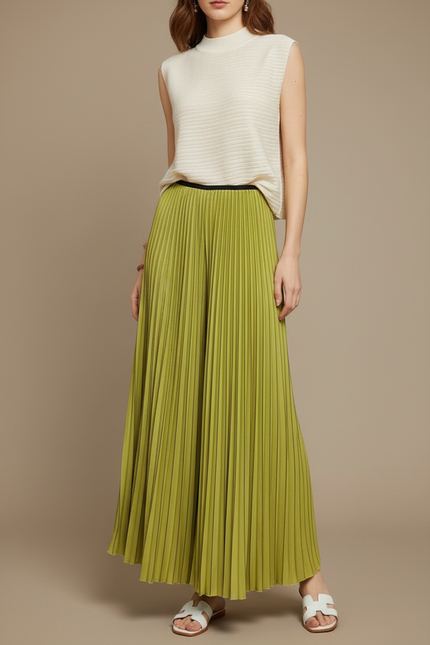 Pantalon À Pince Plissé Vert Ample Fluide Élégant - Polyester