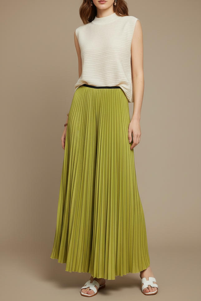 Pantalon À Pince Plissé Vert Ample Fluide Élégant - Polyester