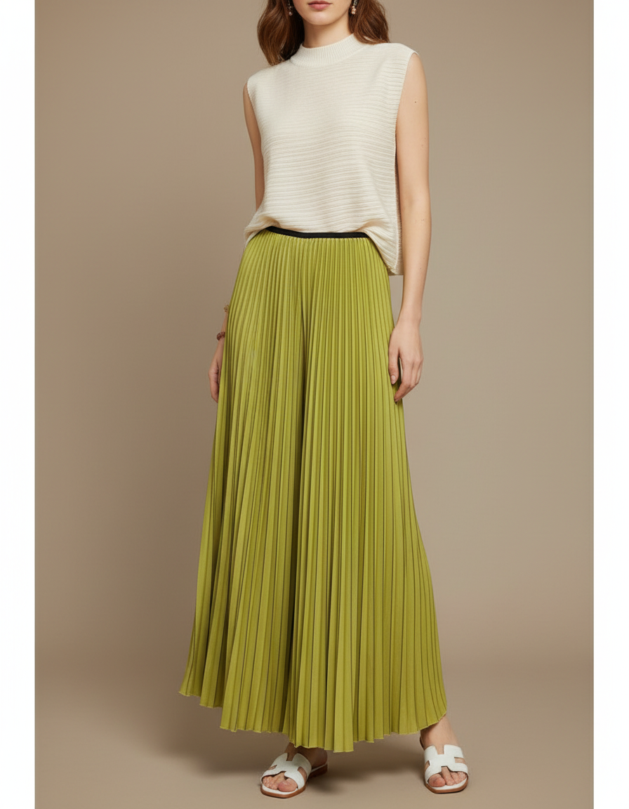 Pantalon À Pince Plissé Vert Ample Fluide Élégant - Polyester