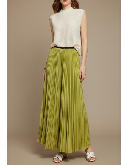 Pantalon À Pince Plissé Vert Ample Fluide Élégant - Polyester