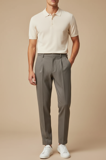 Pantalon À Pince Gris Élégant Droit Plissé Homme - Laine