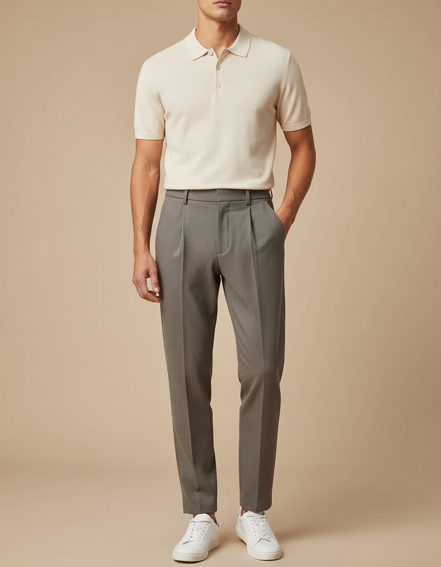 Pantalon À Pince Gris Élégant Droit Plissé Homme - Laine
