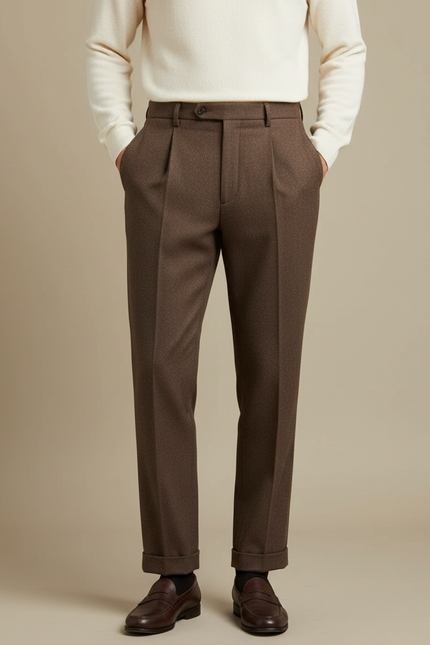 Pantalon À Pince Marron Laine Plissé Droit Homme Élégant