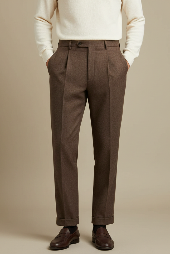 Pantalon À Pince Marron Laine Plissé Droit Homme Élégant