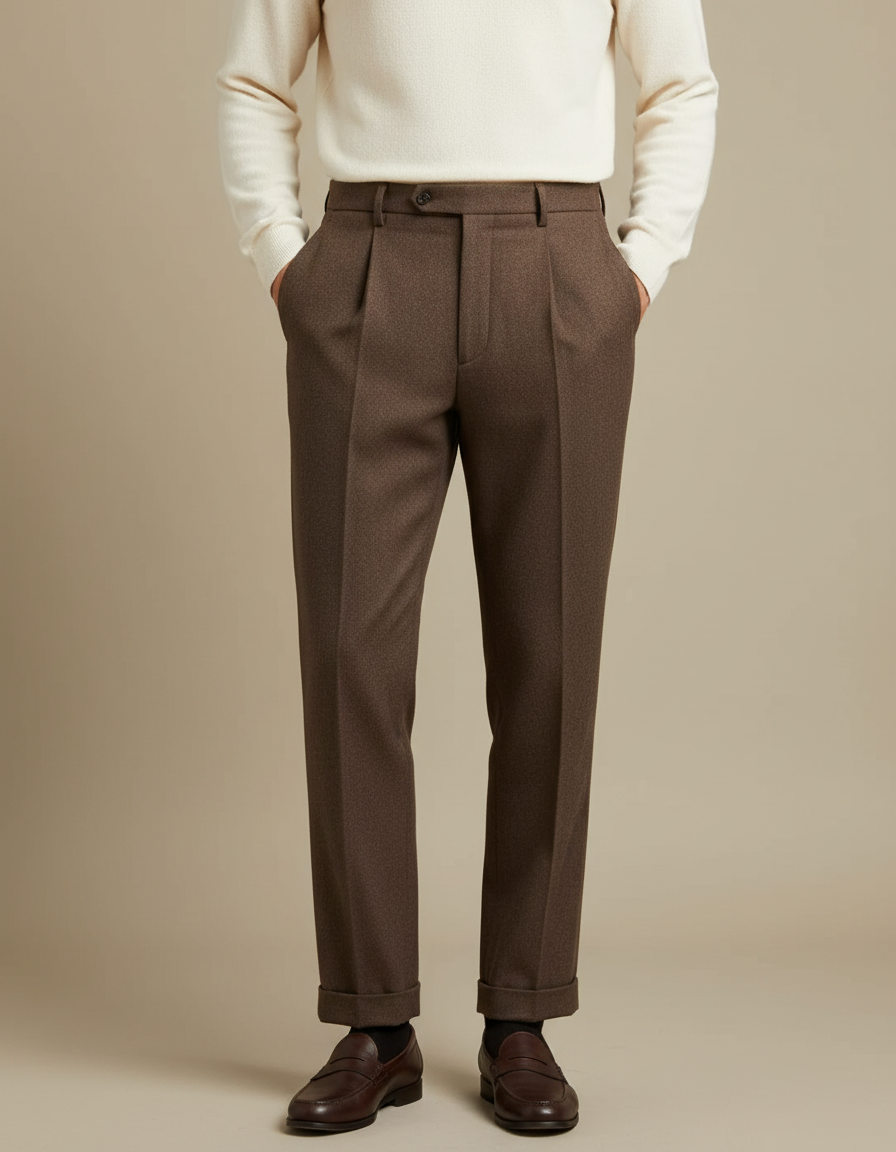 Pantalon À Pince Marron Laine Plissé Droit Homme Élégant