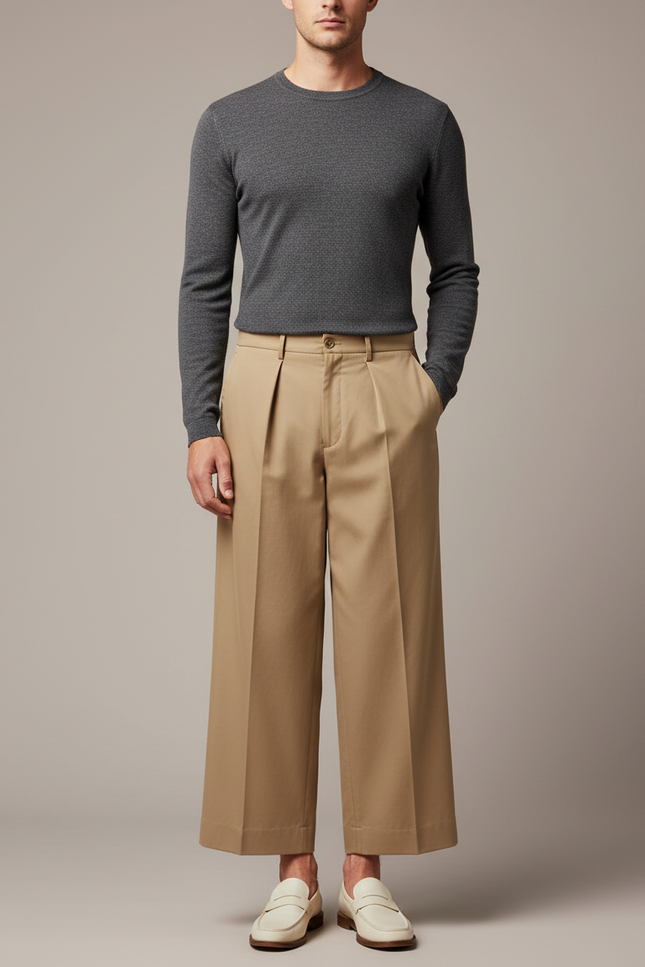 Pantalon À Pince Kaki Plissé Ample Décontracté Homme - Gabardine