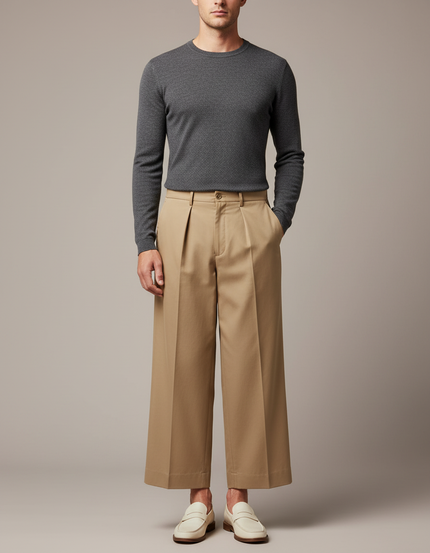 Pantalon À Pince Kaki Plissé Ample Décontracté Homme - Gabardine
