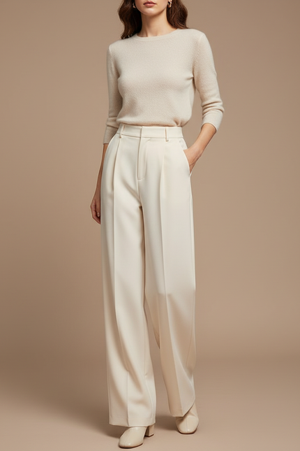 Pantalon À Pince Crème Ample Plissé Taille Haute - Beige Gabardine