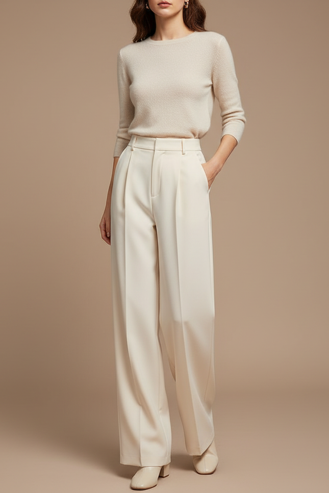 Pantalon À Pince Crème Ample Plissé Taille Haute - Beige Gabardine