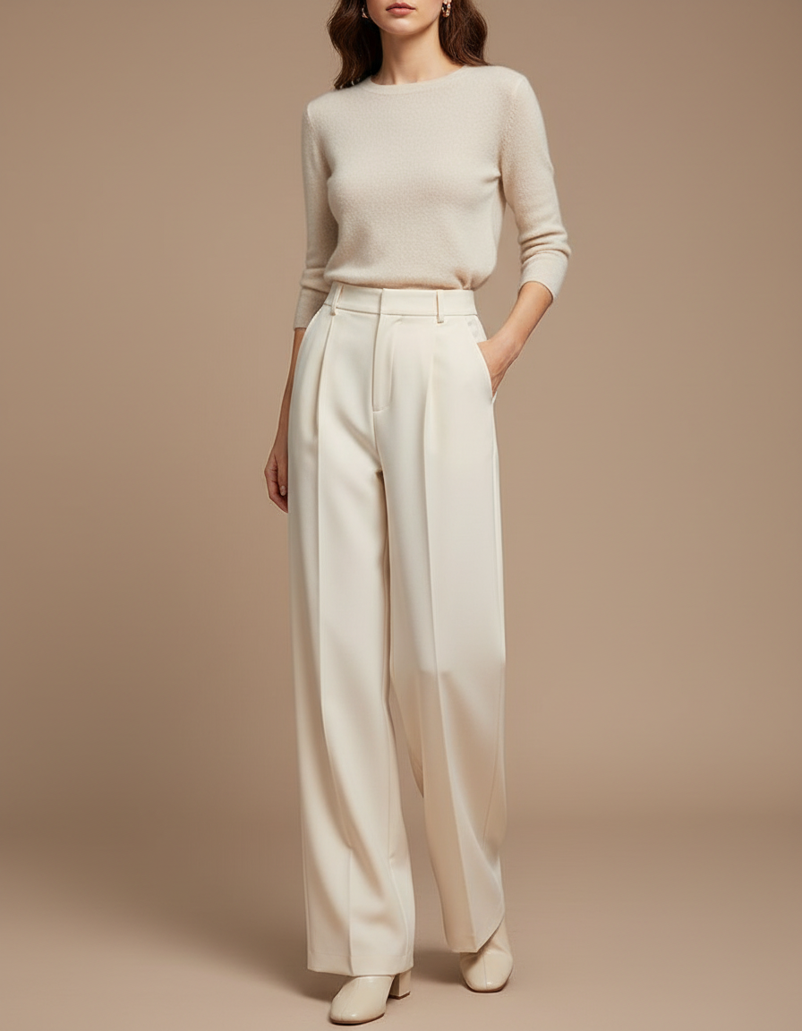 Pantalon À Pince Crème Ample Plissé Taille Haute - Beige Gabardine