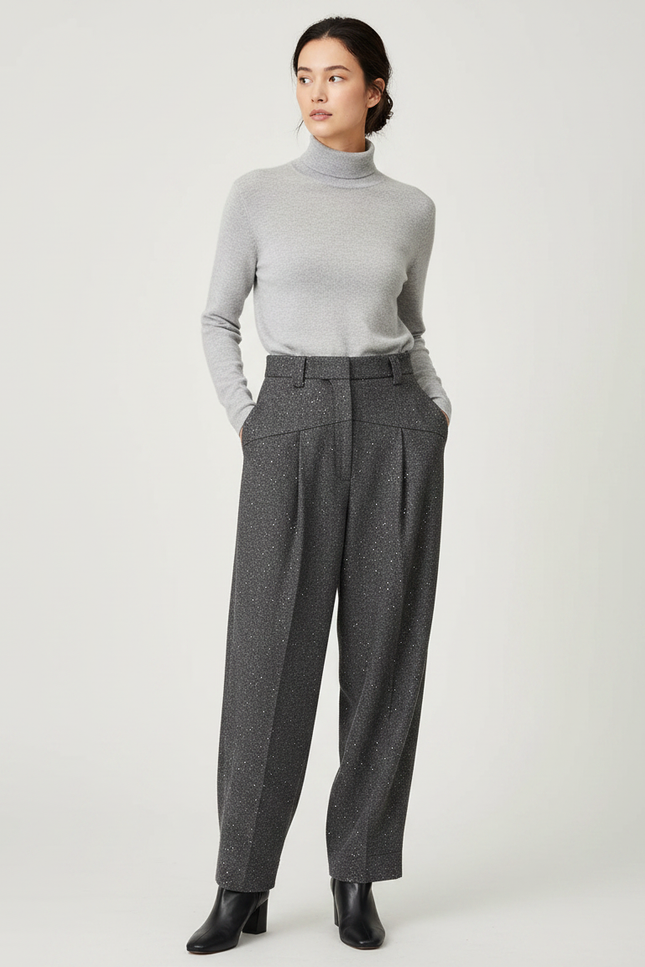 Pantalon À Pince Gris Foncé Laine Plissé Élégant Scintillant