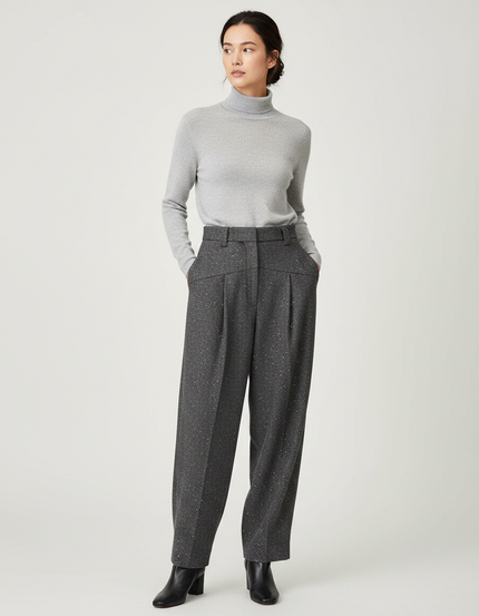 Pantalon À Pince Gris Foncé Laine Plissé Élégant Scintillant