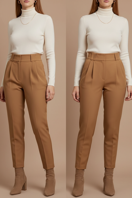 Pantalon À Pince Femme Slim - Camel Gabardine