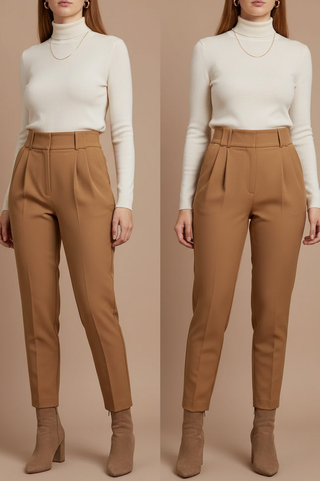 Pantalon À Pince Femme Slim - Camel Gabardine