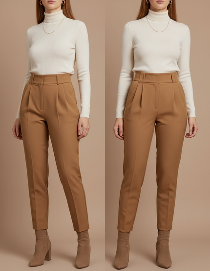 Pantalon À Pince Femme Slim - Camel Gabardine