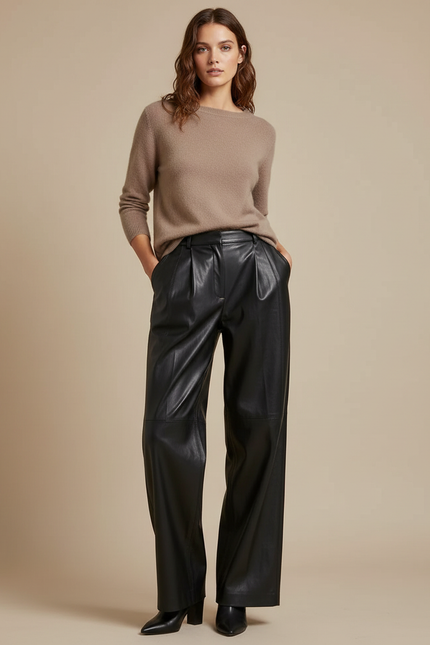 Pantalon À Pince Noir Cuir Ample Fluide Femme Élégant