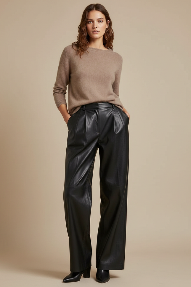Pantalon À Pince Noir Cuir Ample Fluide Femme Élégant