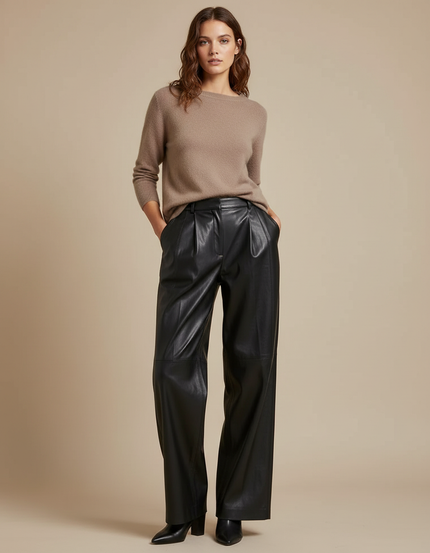 Pantalon À Pince Noir Cuir Ample Fluide Femme Élégant