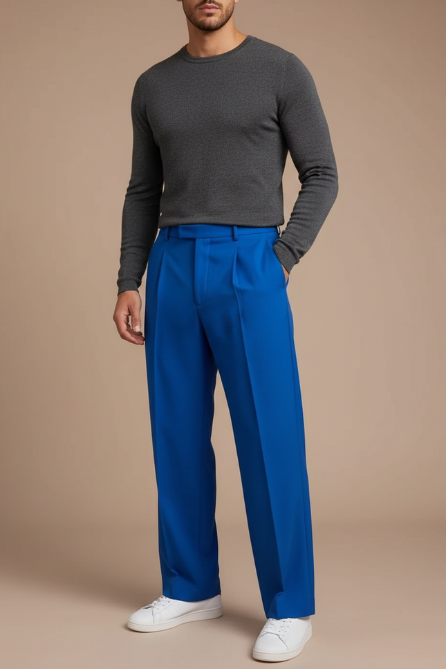 Pantalon À Pince Bleu Royal Ample Plissé Décontracté - Polyester