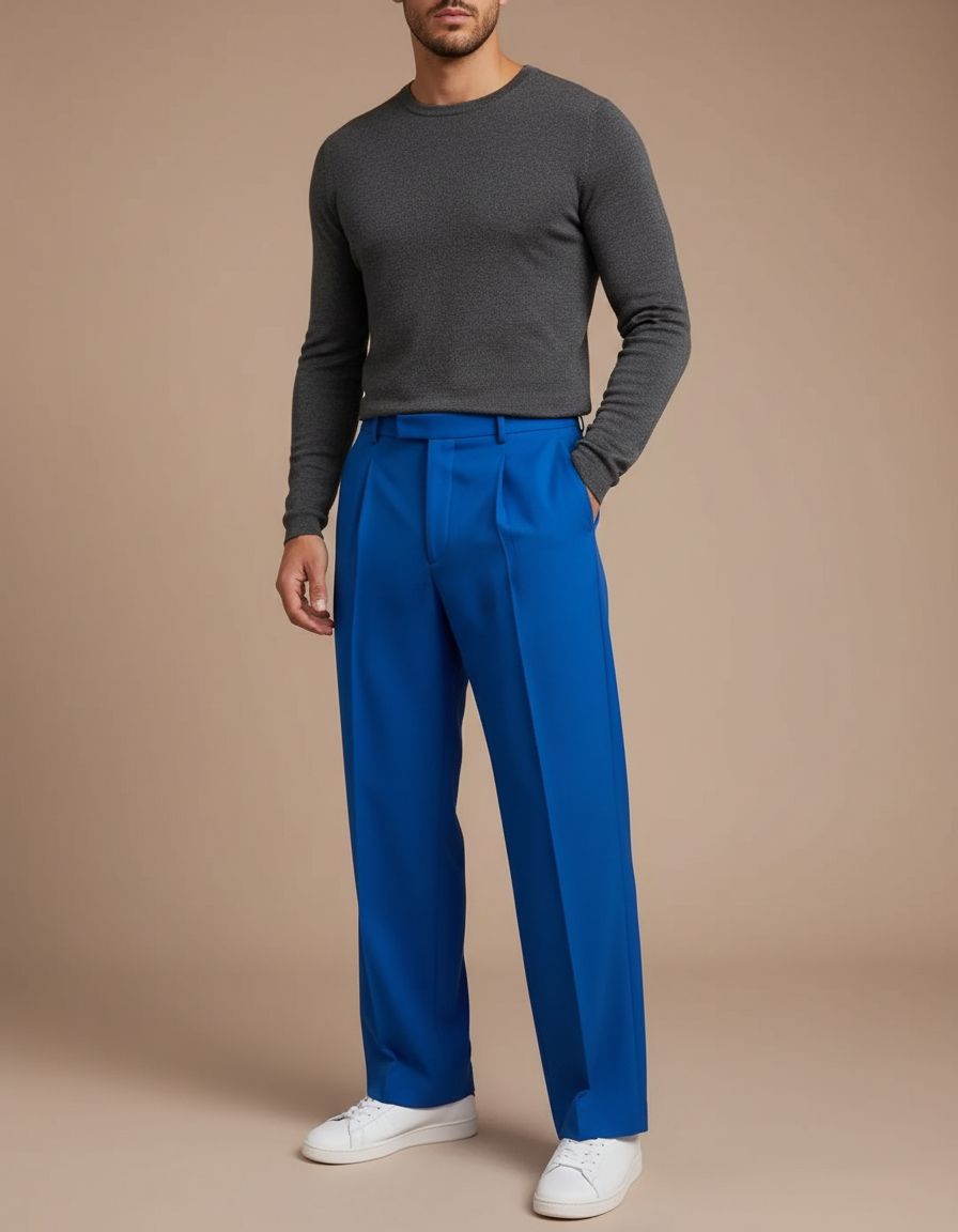 Pantalon À Pince Bleu Royal Ample Plissé Décontracté - Polyester