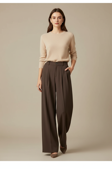Pantalon À Pince Marron Ample Fluide Élégant - Polyester