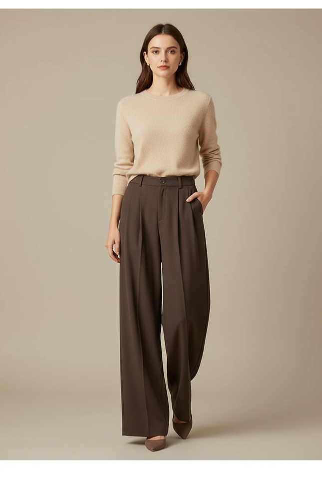 Pantalon À Pince Marron Ample Fluide Élégant - Polyester