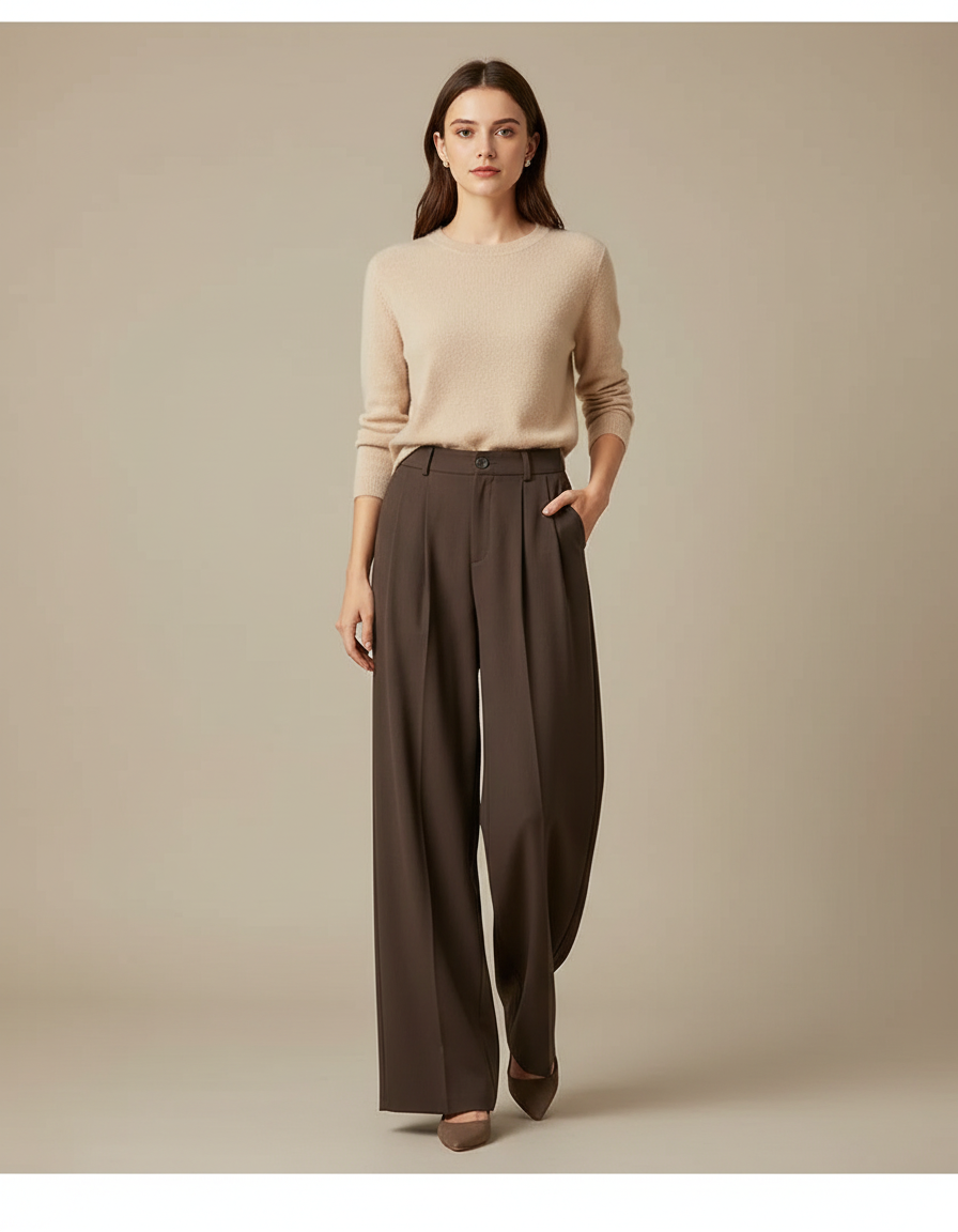 Pantalon À Pince Marron Ample Fluide Élégant - Polyester