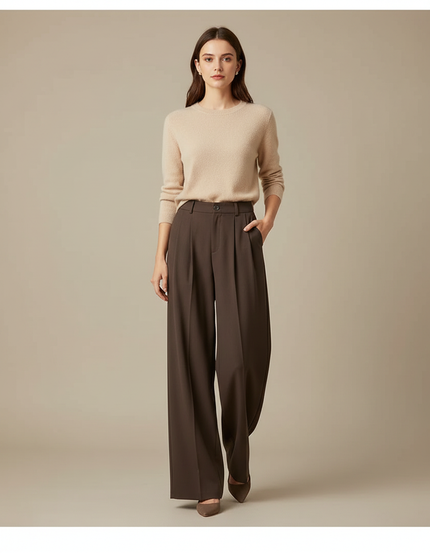 Pantalon À Pince Marron Ample Fluide Élégant - Polyester
