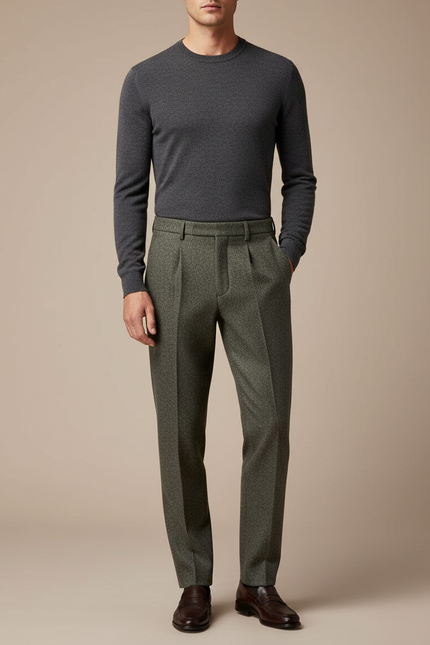 Pantalon À Pince Vert Laine Plissé Droit Homme Élégant - Kaki