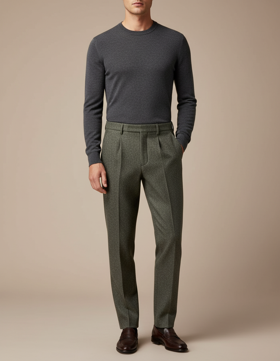 Pantalon À Pince Vert Laine Plissé Droit Homme Élégant - Kaki