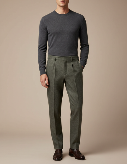 Pantalon À Pince Vert Laine Plissé Droit Homme Élégant - Kaki