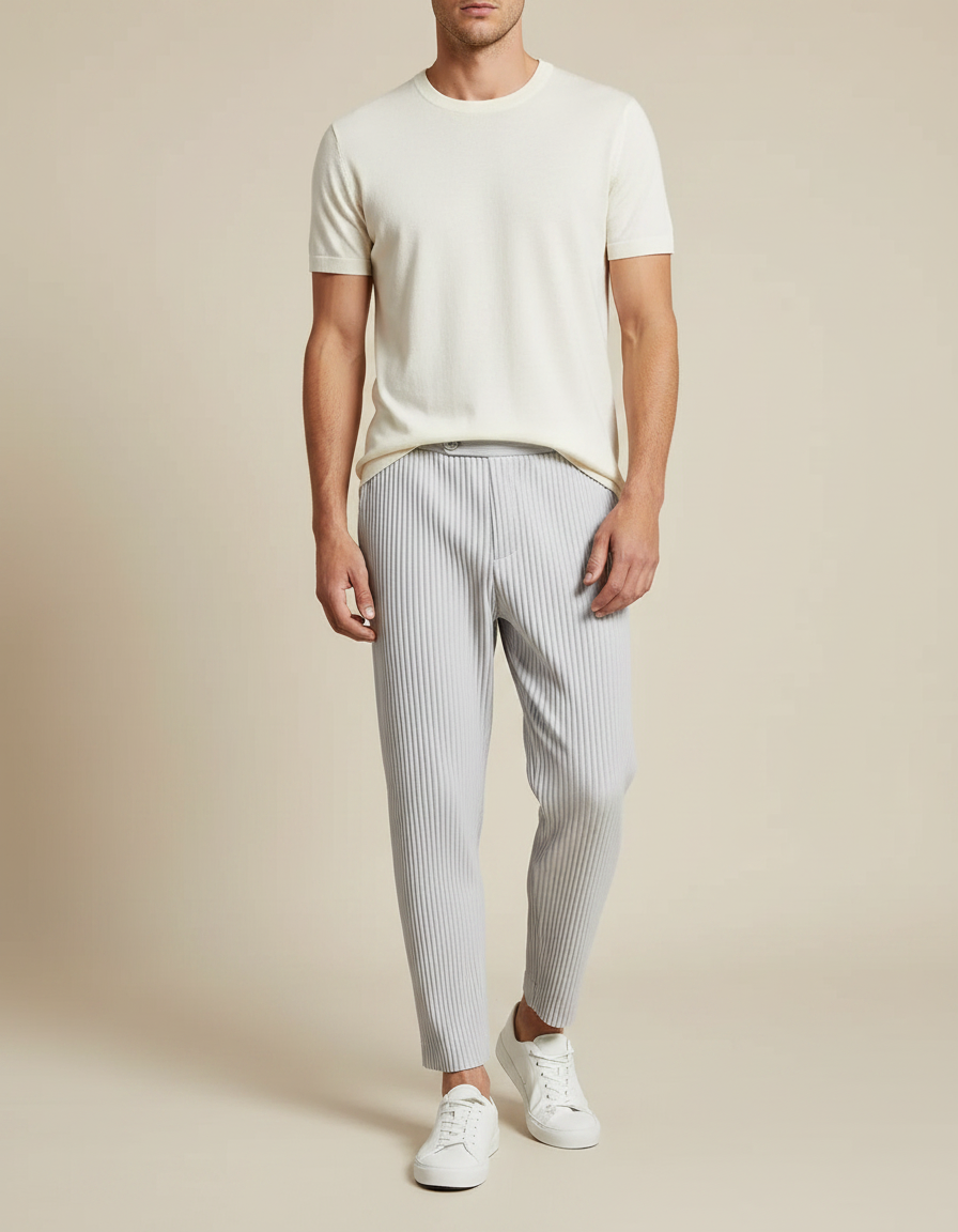 Pantalon À Pince Gris Plissé Fuselé Confortable Homme - Polyester