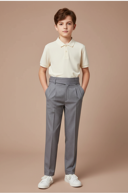 Pantalon À Pince Gris Élégant Plissé Garçon - Laine