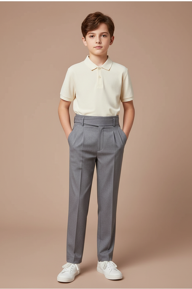 Pantalon À Pince Gris Élégant Plissé Garçon - Laine