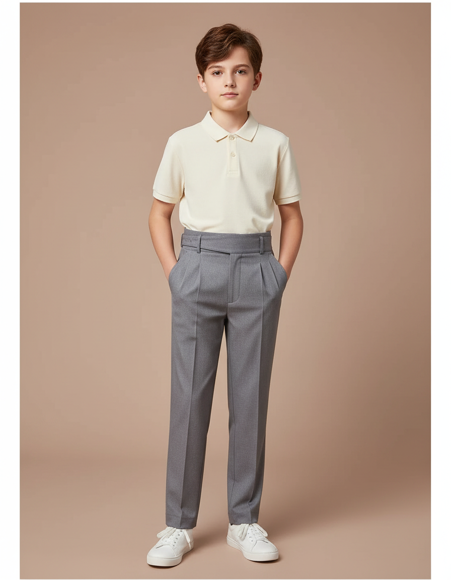 Pantalon À Pince Gris Élégant Plissé Garçon - Laine