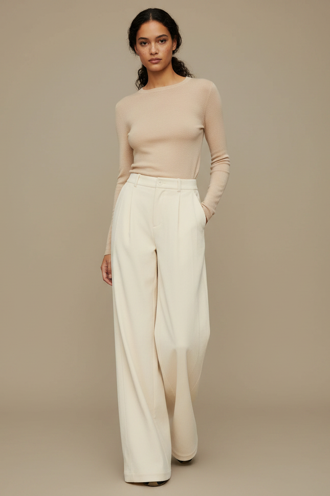 Pantalon À Pince Écru Ample Plissé Décontracté Hiver - Beige Cordé