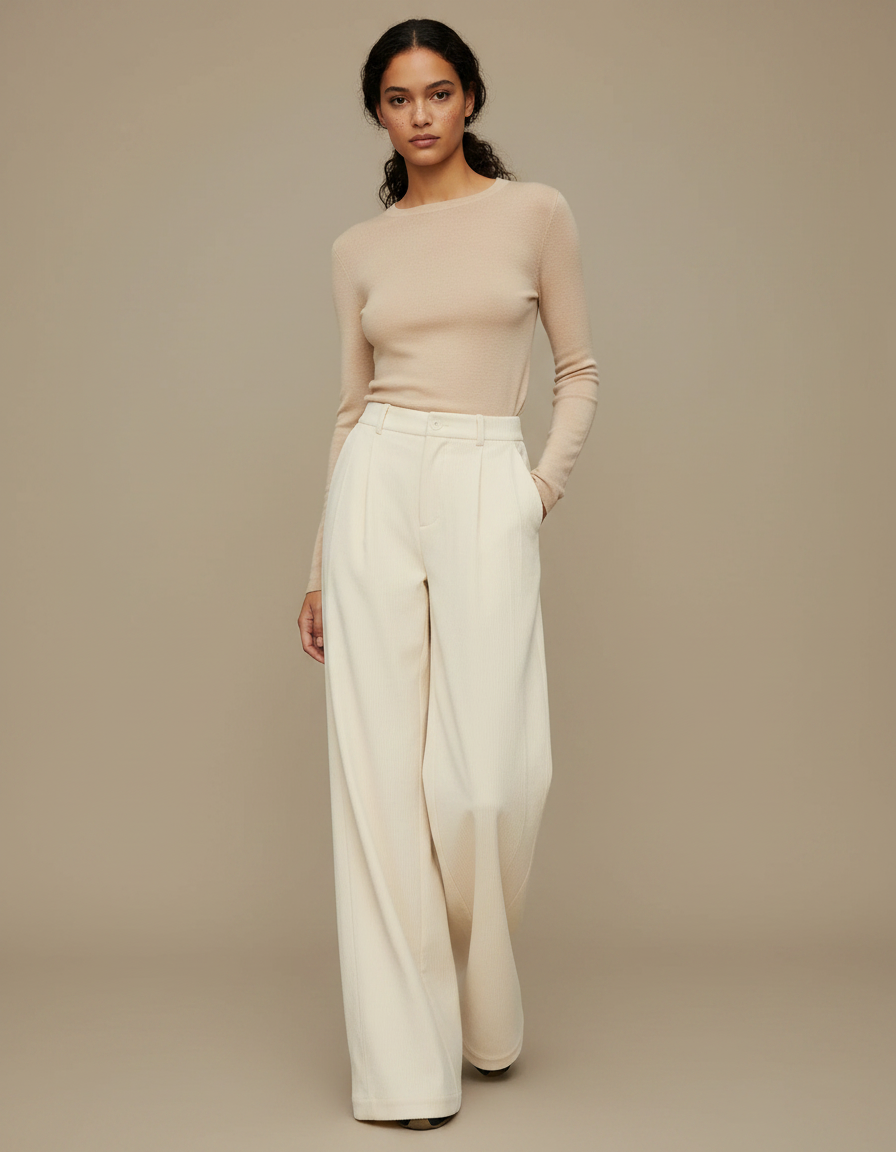 Pantalon À Pince Écru Ample Plissé Décontracté Hiver - Beige Cordé