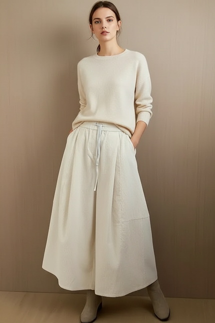 Pantalon À Pince Écru Ample Côtelé Décontracté Femme - Beige Cordé
