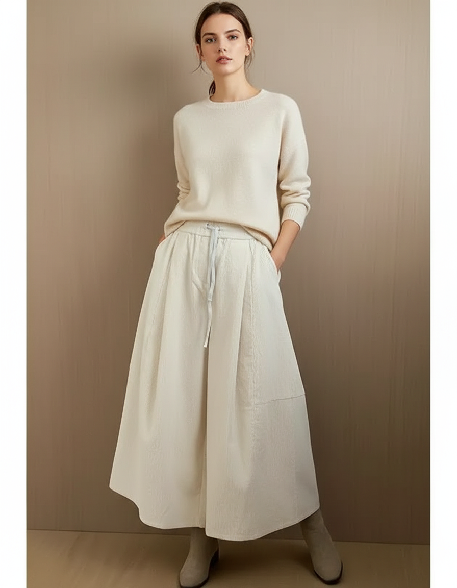 Pantalon À Pince Écru Ample Côtelé Décontracté Femme - Beige Cordé