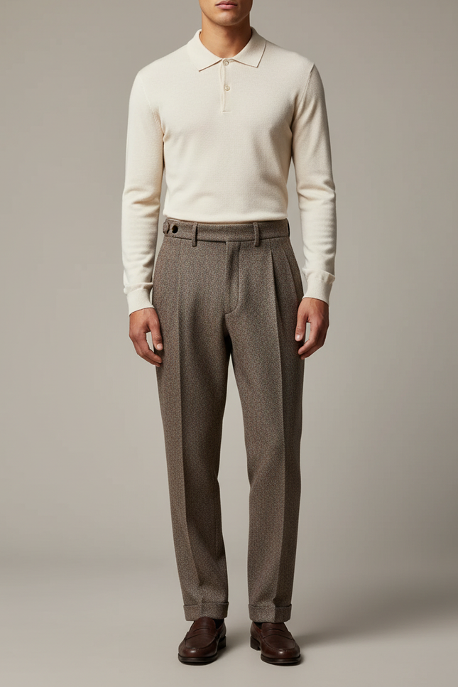 Pantalon À Pince Marron Laine Drapé Plissé Homme - Tweed