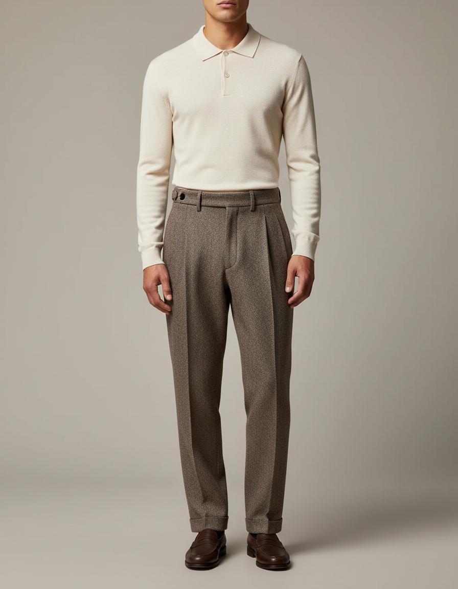 Pantalon À Pince Marron Laine Drapé Plissé Homme - Tweed