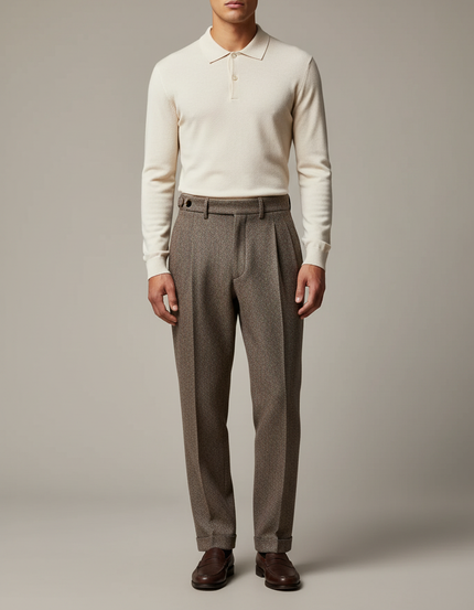 Pantalon À Pince Marron Laine Drapé Plissé Homme - Tweed