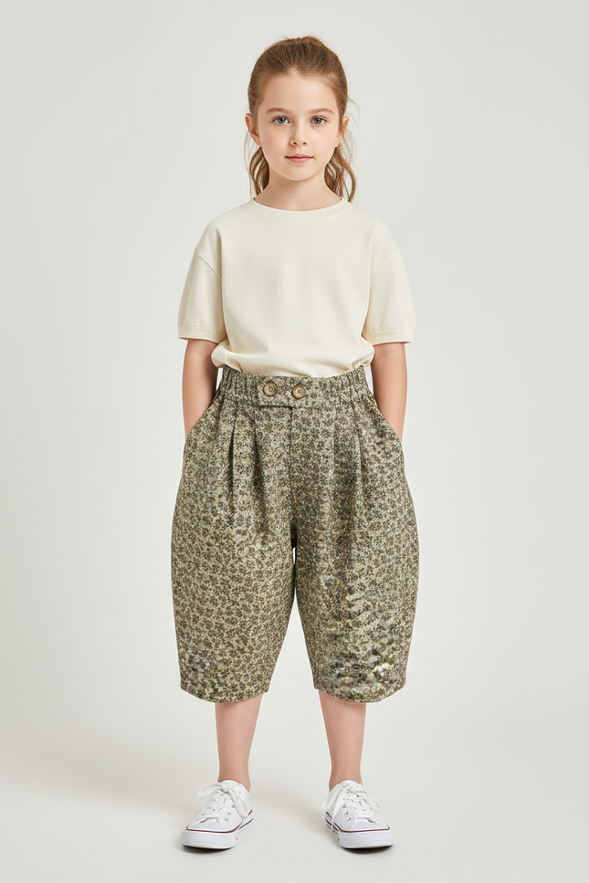 Pantalon À Pince Fleuri Ample Coton Enfant Fille - Kaki