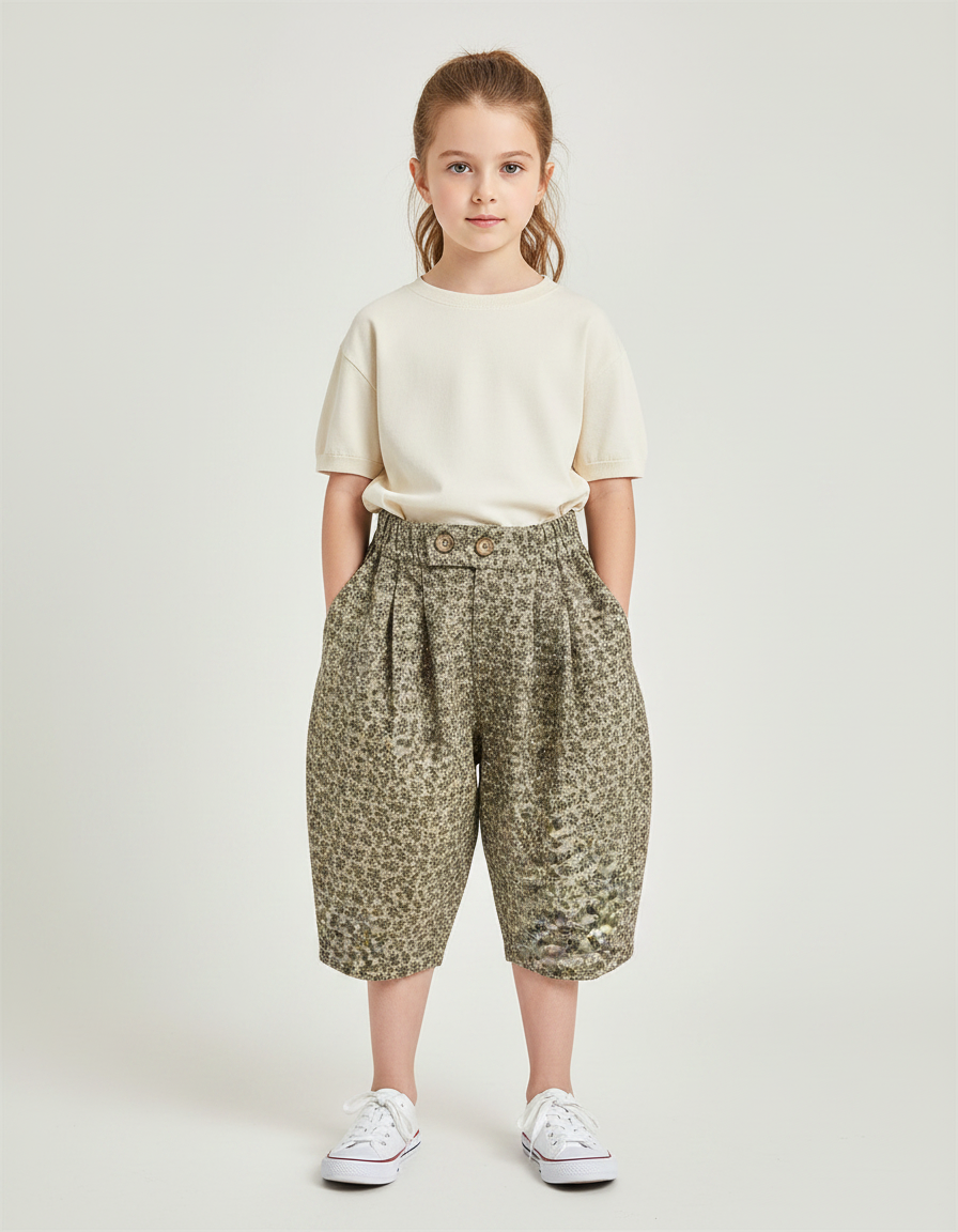 Pantalon À Pince Fleuri Ample Coton Enfant Fille - Kaki