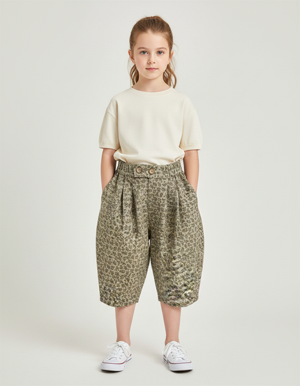 Pantalon À Pince Fleuri Ample Coton Enfant Fille - Kaki