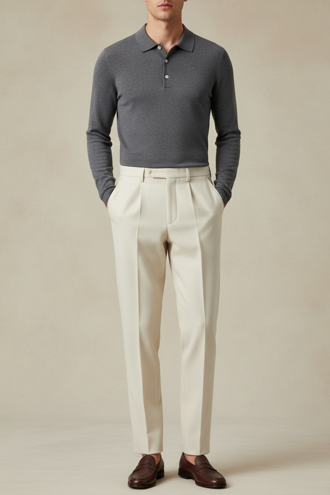 Pantalon À Pince Écru Plissé Droit Élégant Homme - Beige Gabardine