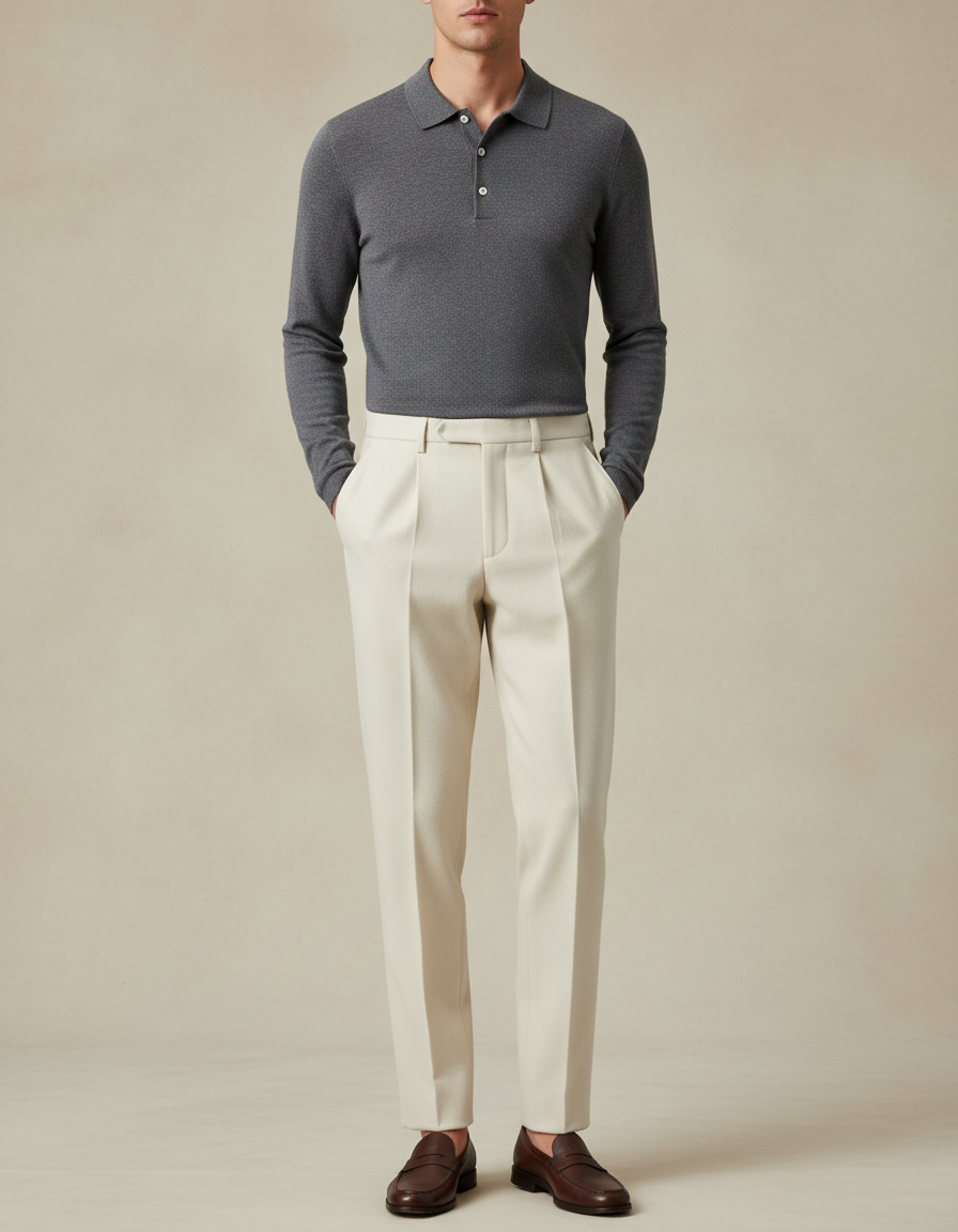 Pantalon À Pince Écru Plissé Droit Élégant Homme - Beige Gabardine