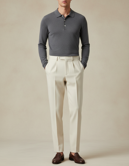 Pantalon À Pince Écru Plissé Droit Élégant Homme - Beige Gabardine