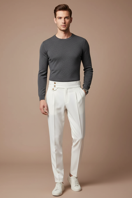 Pantalon À Pince Blanc Taille Haute Plissé Élégant - Gabardine